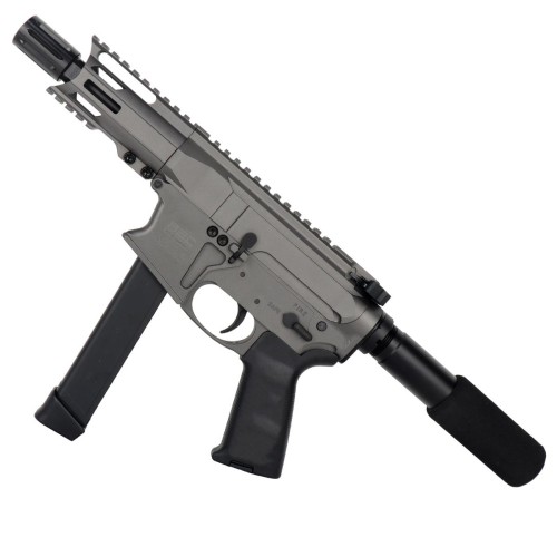 AR 9mm "Slick Side" Glock Style Combat Pistol 4" Barrel 4" MLOK Handguard - Tungsten AR 9mm "Slick Side" Glock Style Combat Pistol 4" Barrel 4" MLOK Handguard - Tungsten